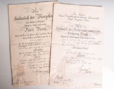 2 Bestellungsurkunden (19./20. Jahrhundert), bestehend aus: 1x Dr. Paul Voelkel zumAmtsrichter (