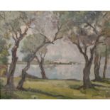Unbekannter Künstler (wohl 20. Jahrhundert), Waldlandschaft mit Blick auf einen See,