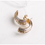 Ohrringe 585 GG, ausgefasst m. kl. Diamanten, Rubinen, Saphiren u. Smaragden, ca. 21 x 11mm, Gewicht