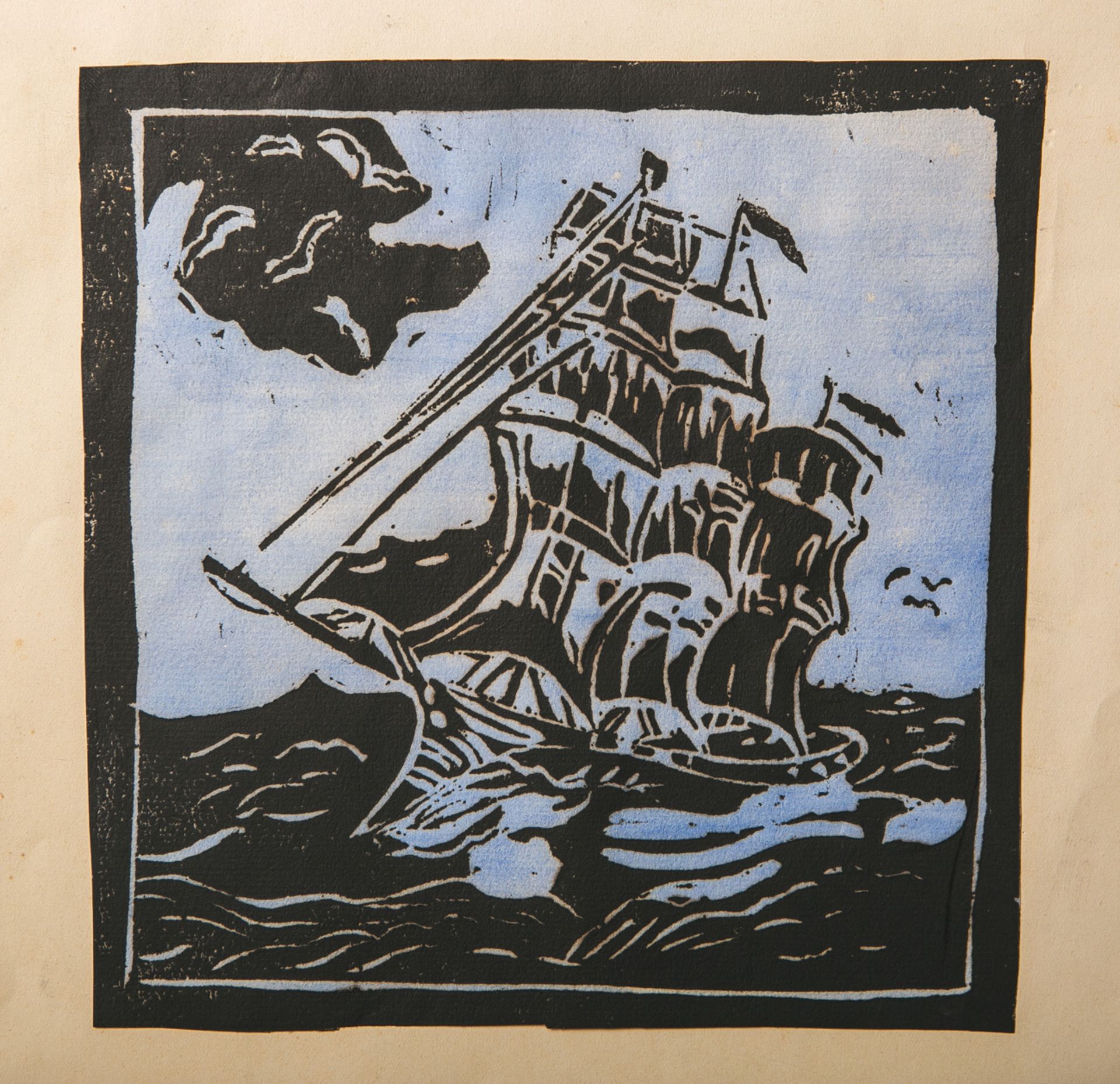 Unbekannter Künstler (wohl 20. Jahrhundert), Dreimastsegler auf hoher See, Holzschnitt,Blattgröße