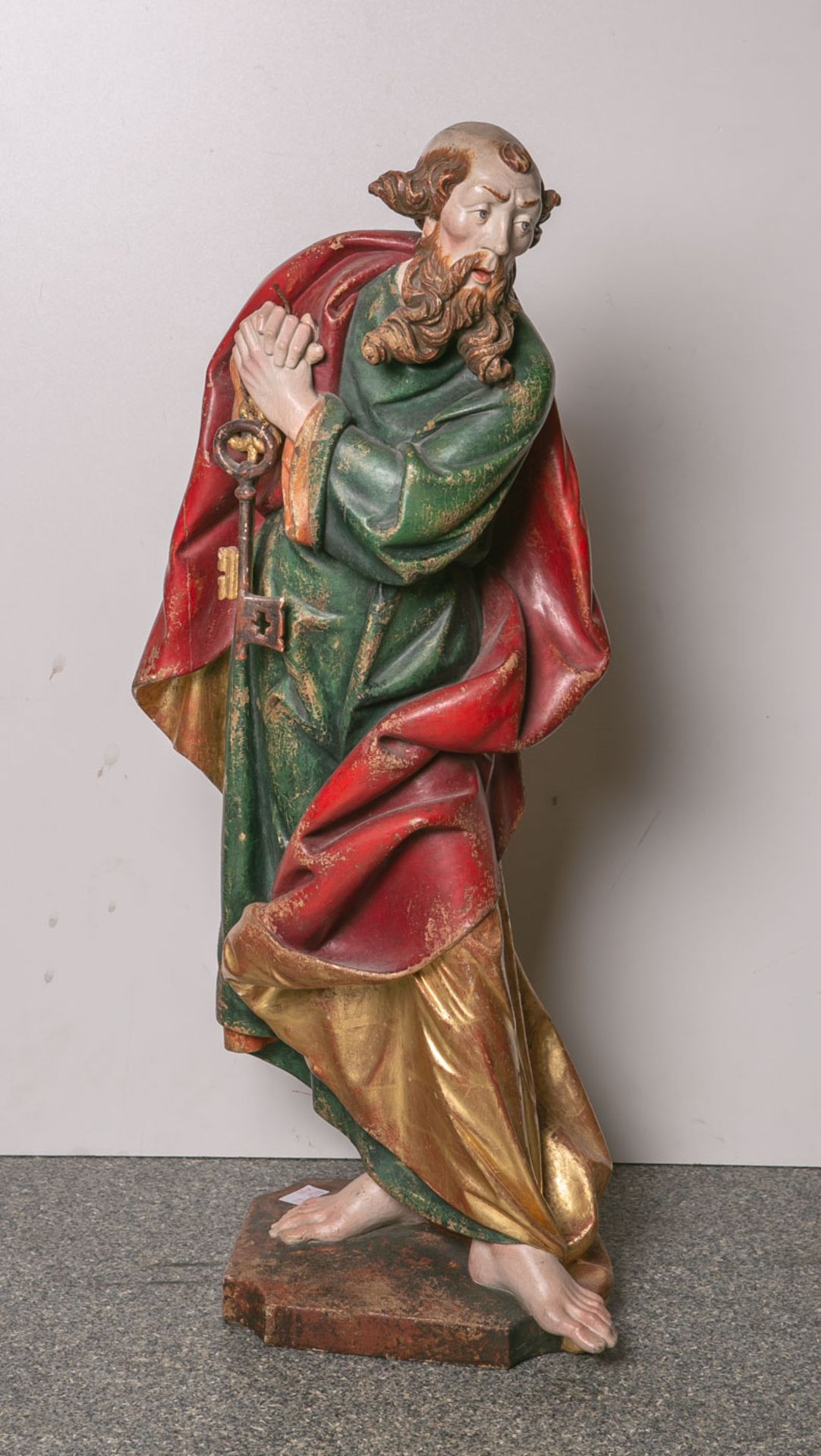 Gr. Holzfigur Petrus m. Schlüsseln (20. Jahrhundert), vollplastisch geschnitzt, polychromgefaßt u.