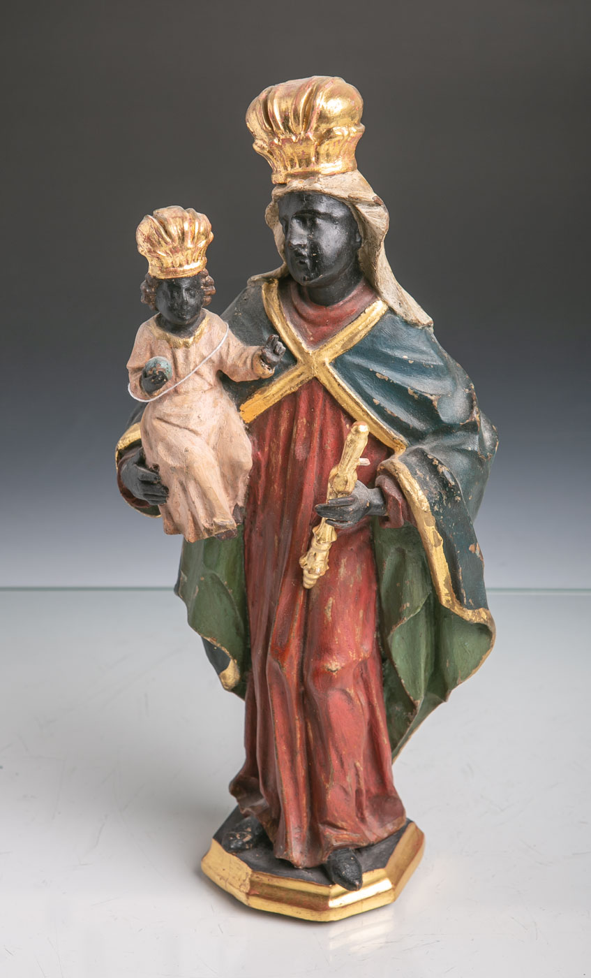 Holzfigur Hl. Madonna m. Jesusknaben (wohl 19. Jahrhundert), Gesichter u. Hände in