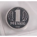 1 Pfennig-Münze (DDR, 1981), Produktionsprobe, Aufl. 40 Stück, Münzprägestätte: A. PP,Rarität.