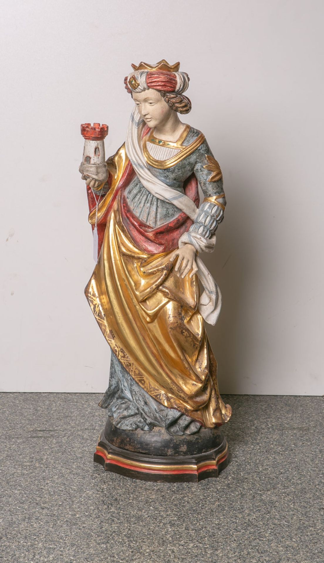 Holzfigur Hl. Barbara mit Turm (20. Jahrhundert), vollplastisch geschnitzt, polychromgefaßt u. teils