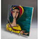Unbekannter Künstler (wohl 1950/60er Jahre), Kachelbild-Darstellung einer Frau mit buntemHut und