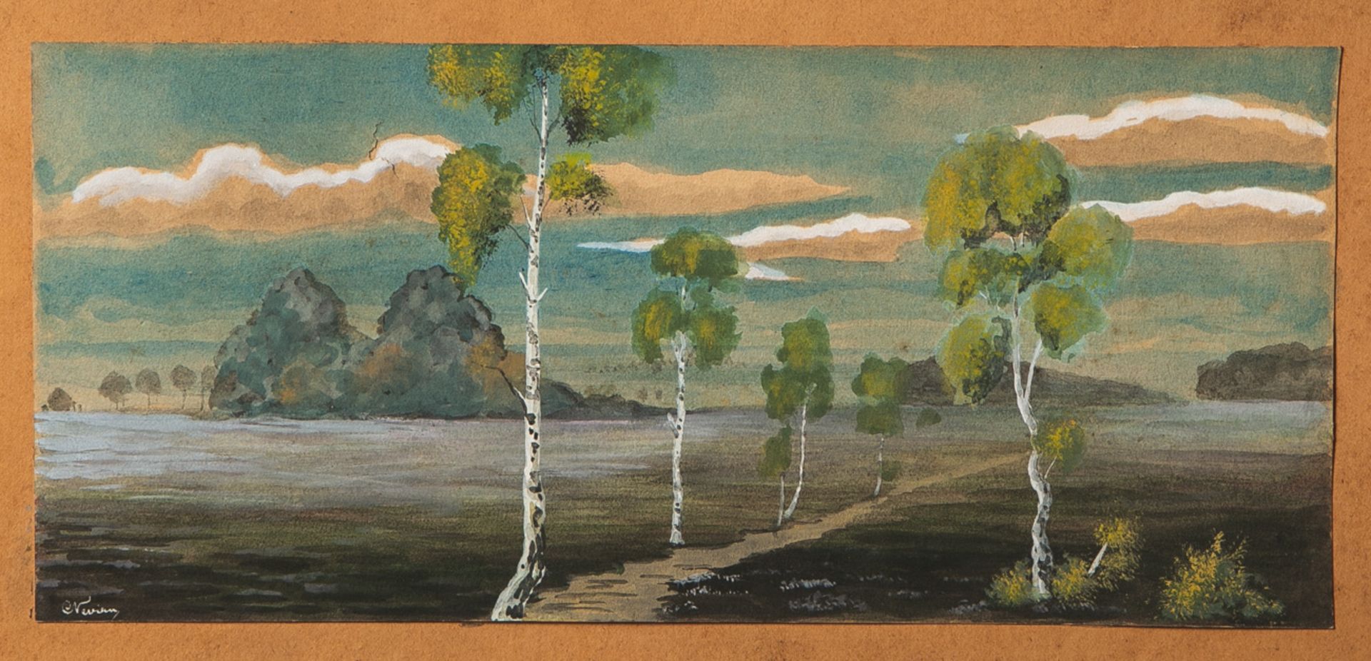 Nevian, Carl (1883-1971), Landschaft mit Birken, Aquarell, unten links signiert, ca. 11 x25 cm.