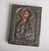 Russische Ikone, Jesus Christus Pantokrator (wohl 19. Jahrhundert), Riza gestempelt: 900,ca. 18 x 14