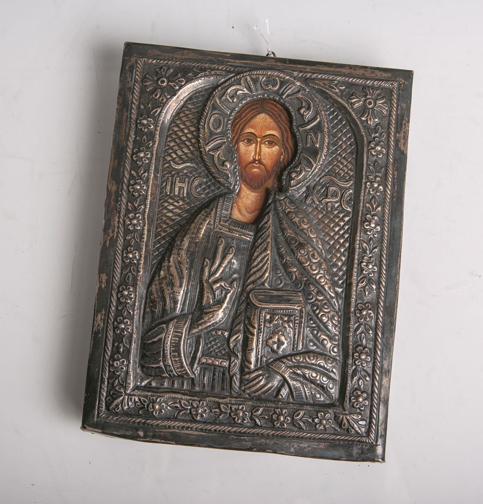 Russische Ikone, Jesus Christus Pantokrator (wohl 19. Jahrhundert), Riza gestempelt: 900,ca. 18 x 14