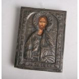 Russische Ikone, Jesus Christus Pantokrator (wohl 19. Jahrhundert), Riza gestempelt: 900,ca. 18 x 14