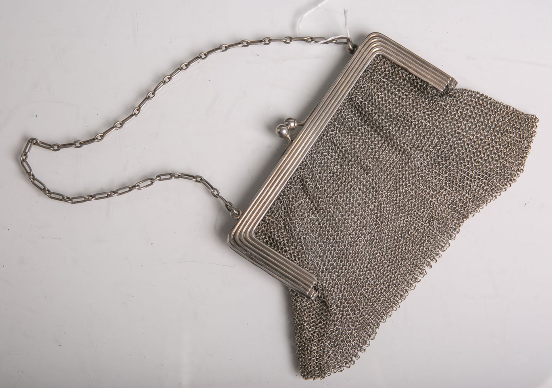 Abendhandtasche 925 Silber (wohl um 1900), Silberdrahtflechtarbeit, gestempelt: Halbmondu. Krone /