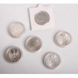 Konvolut von 5 DM-Münzen "Silberadler" (BRD), 6 Stück, davon: 1x 1951 F, 1x 1959 G, 1x1960 F, 1x