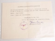 "Dienstreiseausweis" (2. WK/Drittes Reich), bez. "Der Kriegsgerichtsrat Baecker, Gerichtder Division