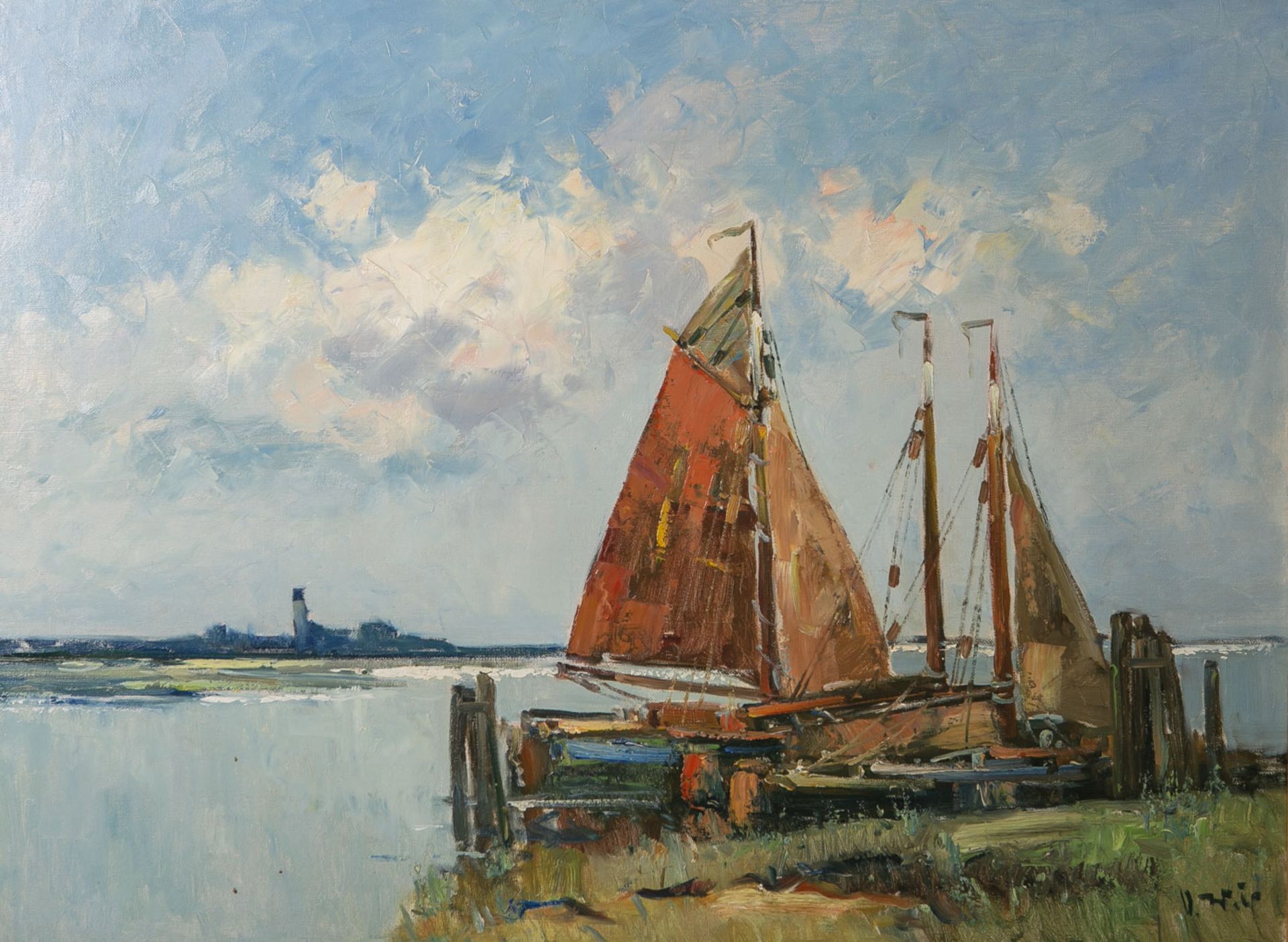 Unbekannter Künstler (20. Jahrhundert), Segelboote am Ufer, Öl/Lw., re. u. unleserlichsign., ca.