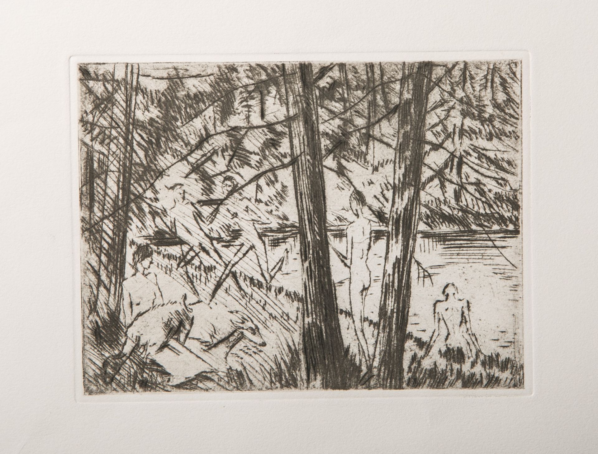 Partikel, Alfred (1888-1945), Flusslandschaft mit Akten und Ziegen, Radierung,Darstellungsgröße