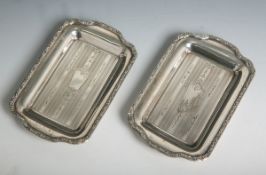 Zwei flache rechteckige Visitenkarten-Schalen aus 925 Sterling Silber (Herstellerpunze