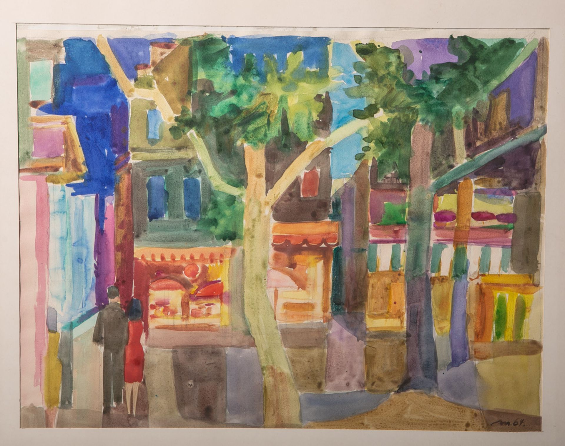 Unbekannter Künstler (20. Jahrhundert), Straßenansicht m. einem Paar, Aquarell/Papier, re.