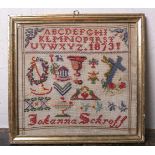 Stickarbeit von Johanna Schroff (1873), farbig, ca. 35 x 36 cm, hinter Glas gerahmt