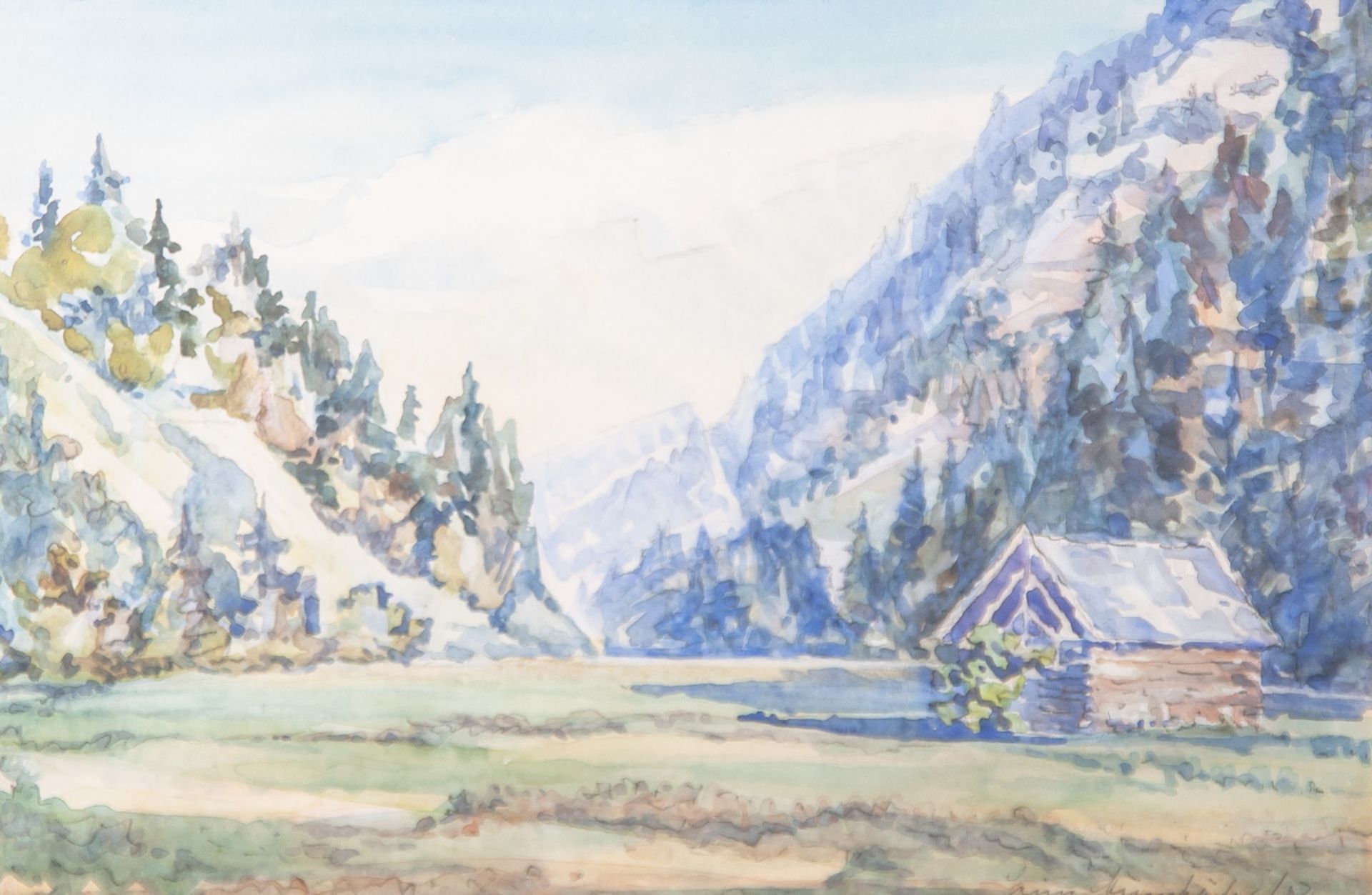 Mumbächer, Heinz (20. Jahrhundert), Alpine Landschaft m. Berghütte, Aquarell, re. u. sign.