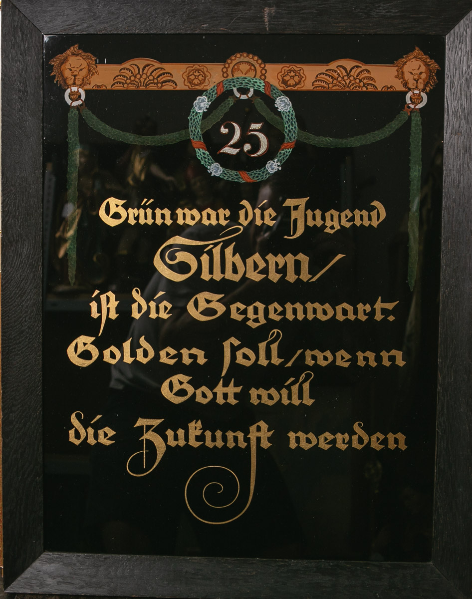 Jugendstil-Hinterglasmalerei (Jugendstil/Art Nouveau), aus 24 ct Gold, Jubiläumsbild bez.