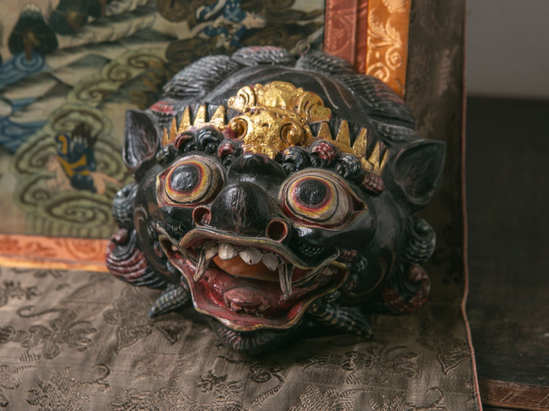 Alter Thangka (Neppal, Alter unbekannt), Rollbild m. einer Maske, Papier/Seide, sehr - Bild 2 aus 2