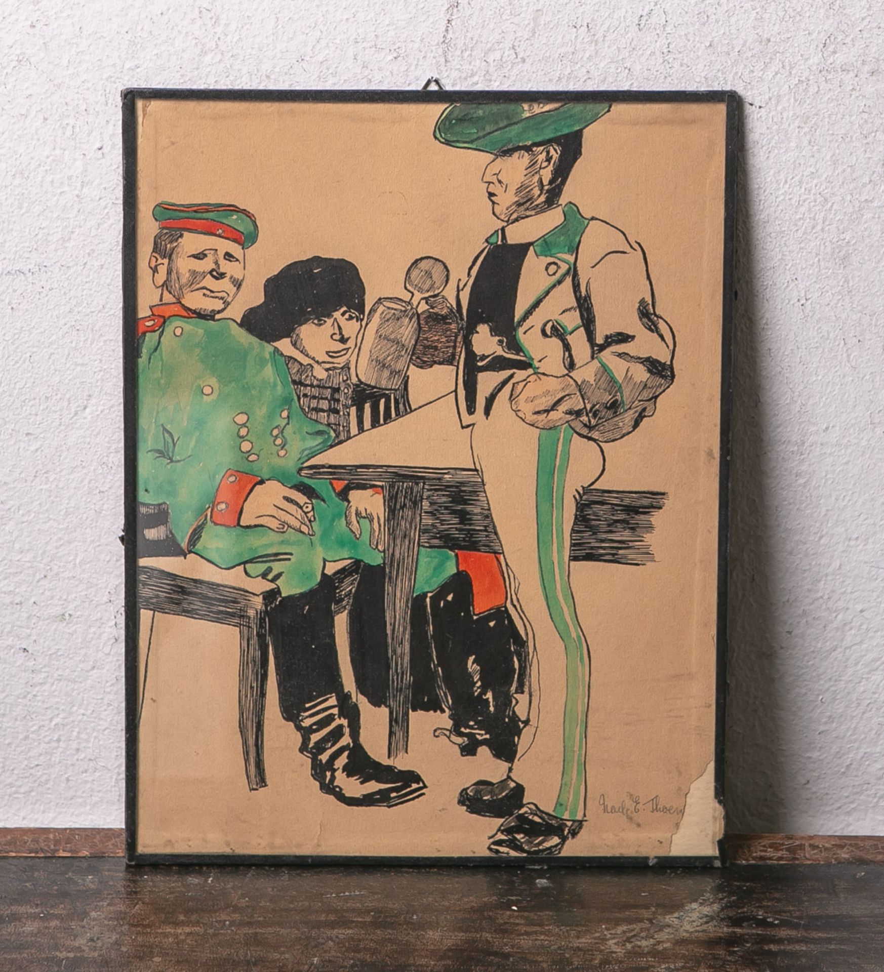 Unbekannter Künstler (20. Jahrhundert), Kneipenszene m. Soldaten (1. WK), kolorierte