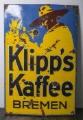 Emailleschild "Klipp's Kaffee Bremen" (um 1930), abgekanntet, monogrammiert: DER (Deutsche