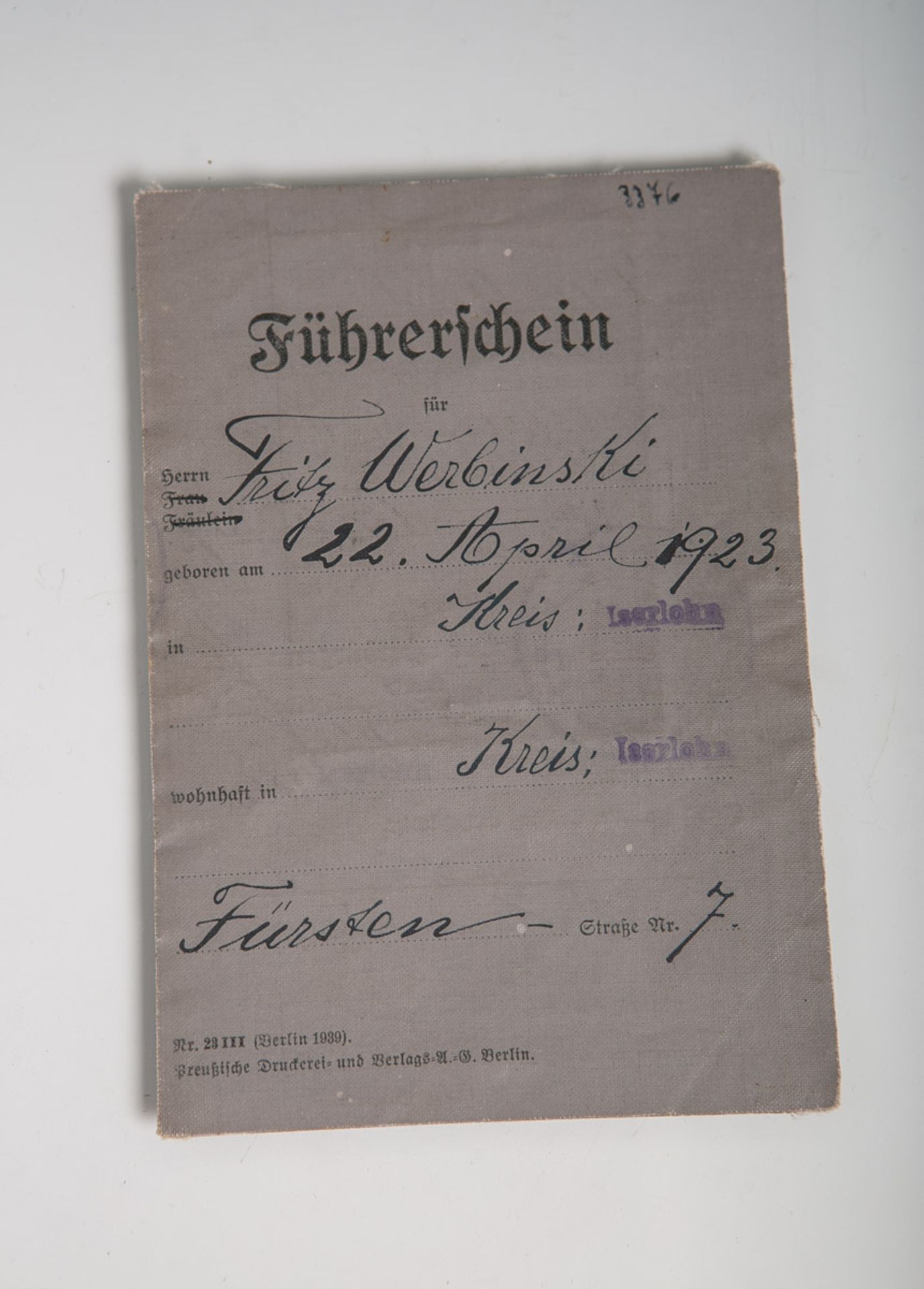 Alter Führerschein (Drittes Reich), von Fritz Werbinski, Verbrennungsmaschine 4. Klasse,