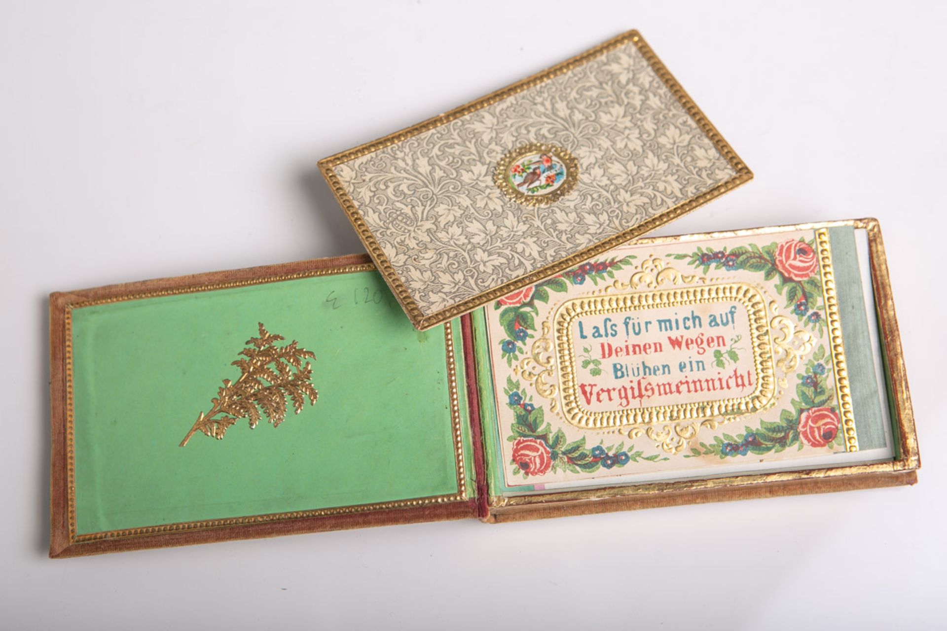 Altes goldverziertes Poesiekarten-Kästchen (wohl 1. Hälfte 19. Jahrhundert), mit