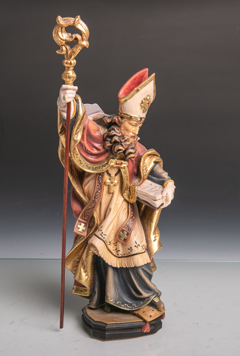 Holzfigur des Hl. Rudolfs von Gubbio (20. Jahrhundert), vollplastisch geschnitzt,