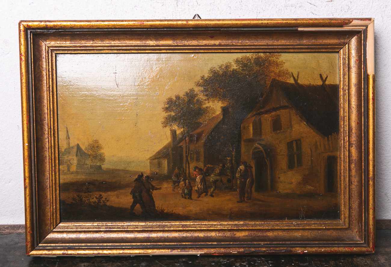 David Teniers III. (1638 - 1685) zugeschr., Darstellung eines tanzenden Bauernvolkes, Öl/Holztafel,