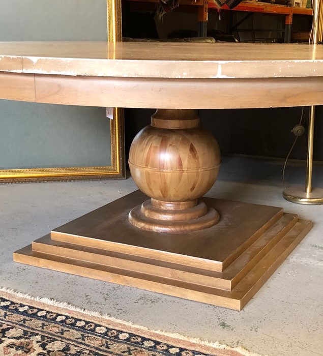 A Large round pedestal dining table on a large square base in light oak, 180 cm diameter. (marks - Image 2 of 2