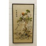 A large framed Chinese silk of embroidered birds of paradise
