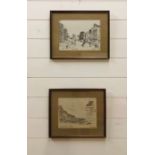 Two framed pen and ink drawings of The Curfew Tower, Windsor and Castle Hill signed by the artist