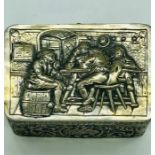 A hallmarked silver tin decorated with a tavern scene with a hinged lid