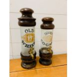 A pair of vintage drink dispensers in glass and mahogany. Old Whisky and Brandy, cognac.