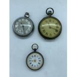 Three pocket watches, one continental 800g silver
