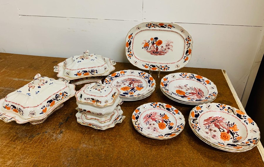 Orissa Davenport part dinner set, blue and orange hand painted to include 6 bowls, 4 plates, 2