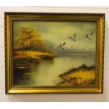 A framed oil on canvas depicting three ducks in flight over a lake signed Gailey