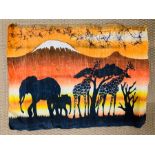 Original African Batik of a sunset with giraffe and elephant