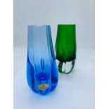 Whitefriars glass vases pattern no 9727 Meadow Green & Sky Blue with label