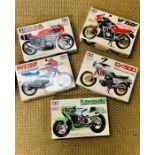 A selection of five boxed Tamiya motorbike kits, all sealed parts and with original instructions