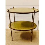 A two tier green leather topped brass table