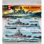 Two boxed 1/700 waterline series USA battleships No's 119 and a Revell U.S.S Anzona battleship