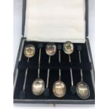A boxed set of silver coffee spoons.
