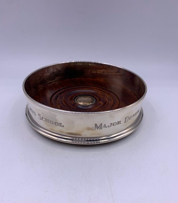 A hallmarked silver, engraved, wine coaster, boxed. - Image 2 of 3