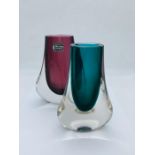 Whitefriars glass vases pattern No 9656 encased Green & Aubergine with label