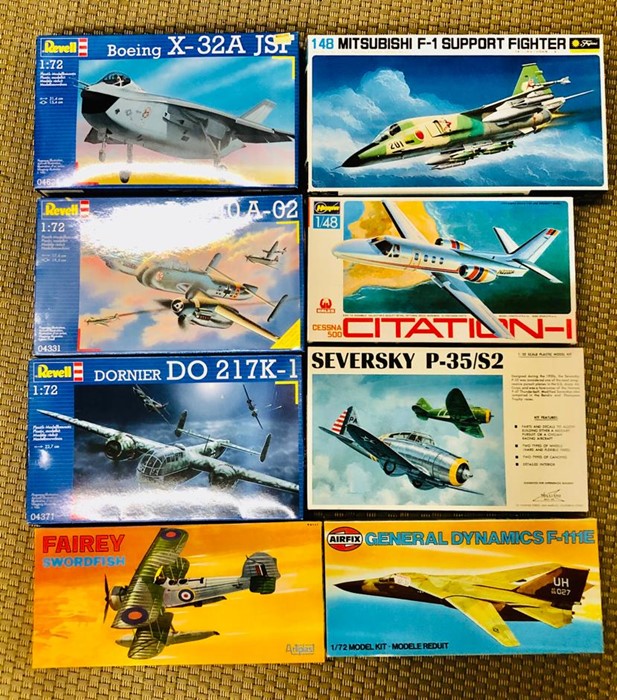 A selection of eight boxed aircraft kits by Revell, Airfix, Hasegawa, Williams Bros Ltd and Fujimi