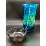 Two pieces of glassware to include a studio vase and a flower shaped bowl