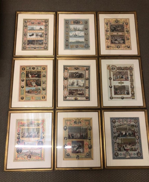 A selection of nine gilt framed decorative prints of historical importance measuring 56cm x 45cm