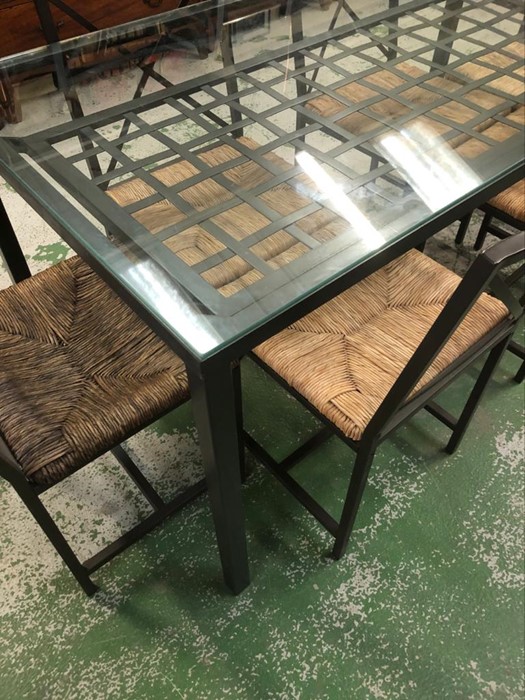 A metal dining table with lower grid shelf and glass top with six matching dining chairs with rushed - Image 2 of 2